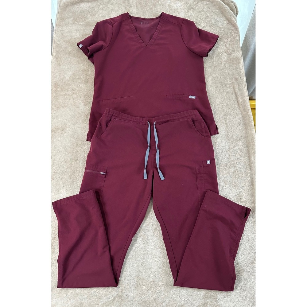 FIGS scrub set casma Top L, cargo pants L Tall Maroon Burgundy V-neck